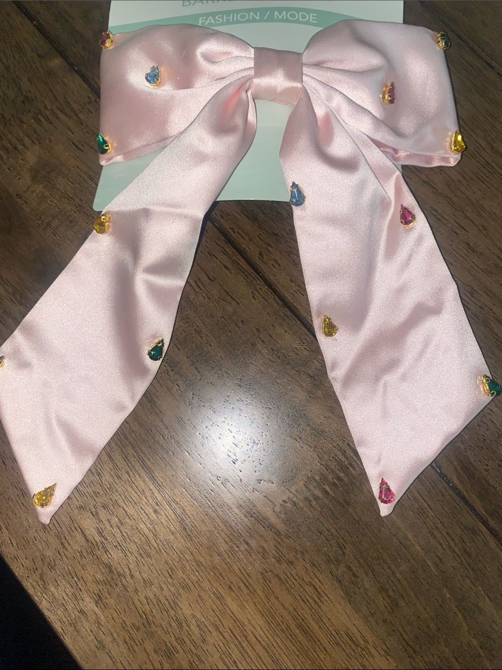 Pink Satin Bow Hair Clip with Multicolor Gem Accents